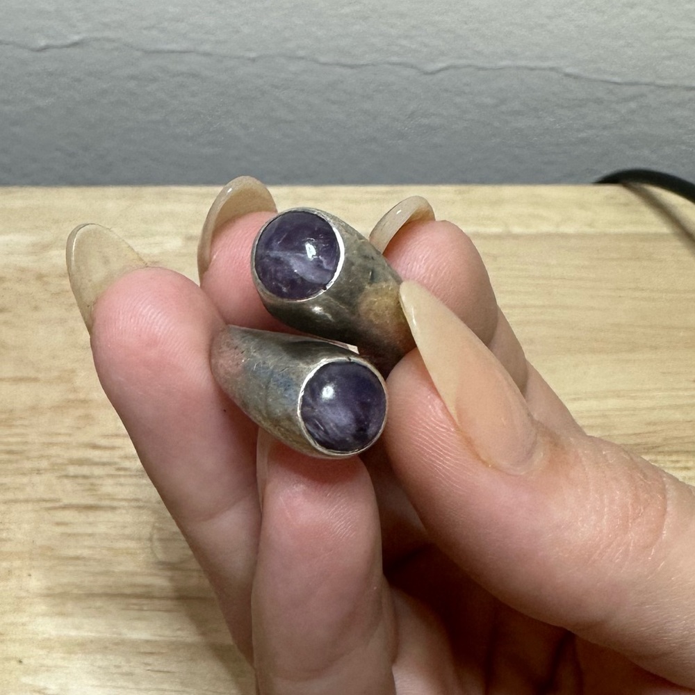 Vintage Modernist Sterling Silver Ring with two purple stones